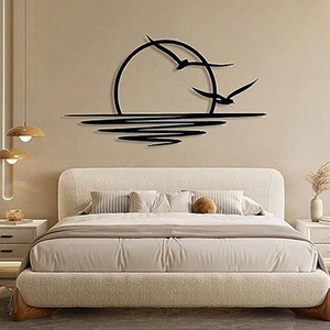 Art mural minimaliste en métal « Lever de soleil et <span class=keywords><strong>mouettes</strong></span> » - Décoration abstraite de coucher de soleil pour salon, chambre à coucher, décoration intérieure moderne, art linéaire - Product Image 1