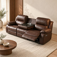 Canapé inclinable moderne en cuir marron 3 places avec structure en bois, inclinaison électrique, massage, table rabattable, télécommande