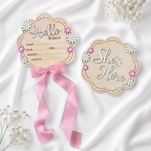 Panneau d'annonce de <span class=keywords><strong>naissance</strong></span> pour bébé fille 'Bonjour le Monde' en bois de 6 pouces, double face, à bords festonnés, avec motif 'Elle est là' et marguerite rose inversée, pour la <span class=keywords><strong>naissance</strong></span> - Product Image 2