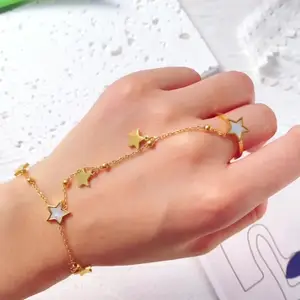 Grosir kreatif emas baja nirkarat cincin jari gelang bintang cangkang rantai jari cincin terhubung gelang