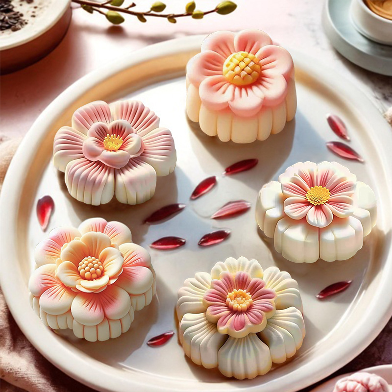 Set Stampo Mooncake 3D Fai Da Te - 6 Pezzi Con Modelli Fiore Per Biscotti, Muffin E Fondente, 50g