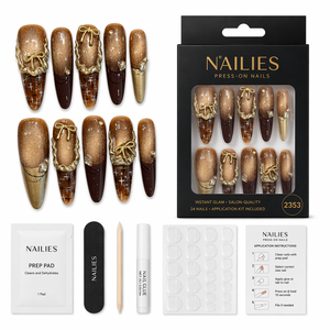 Faux ongles longs en PMMA faits à la main, certifiés CE, 10 pièces, design de luxe dégradé avec nœuds, volants et étoiles, couverture complète, forme cercueil - Product Image 4