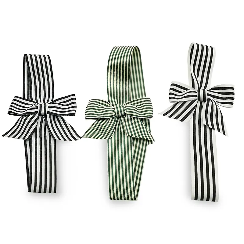 Black and white stripes pre-tied Bows high quality gift decoration 38mm width stripe ribbon bow with vertical elastic loop