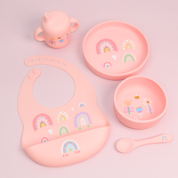 Ensemble de vaisselle personnalisable en silicone pour bébé avec impression, sans BPA, comprenant cuillère, bavoir, paille et tasse d'apprentissage