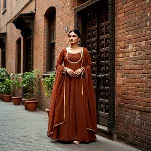 ชุดเดรสยาวแบบ Anarkali สีน้ำตาล ปักลายบนผ้าเรยอน พร้อมผ้าคลุมไหล่ ชุดประจำชาติอินเดีย-ปากีสถานสำหรับผู้หญิง - Product Image 1