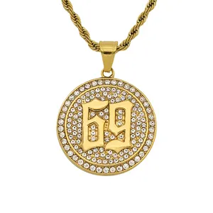 Blues wholesale disco Jewelry 316l Stainless Steel 36mm Round Bling Iced Out crystal Coin 69 6ix9nine necklace
