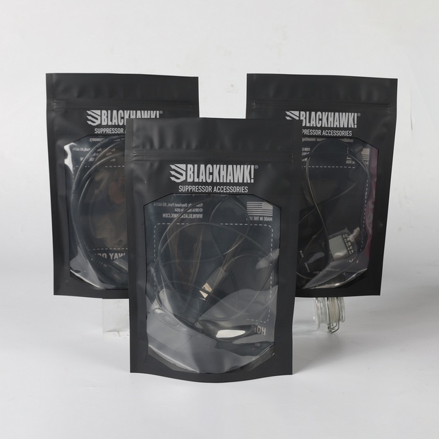 Custom Logo Printing Antistatic Plastic Packaging Ziplock Stand Pouch Black Clear Window Mylar Zipper for Earphone Consumer