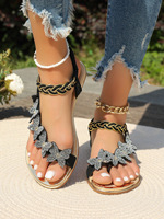 Sandales plates pour femmes avec strass papillon, anneau d'orteil et bride élastique tressée à la cheville, pour l'été, la plage et les occasions décontractées
