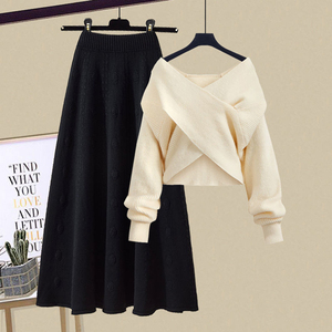 Nouvel ensemble de tricot pour femmes <span class=keywords><strong>Pull</strong></span> en tricot de <span class=keywords><strong>grande</strong></span> <span class=keywords><strong>taille</strong></span> Costume d'hiver à manches longues et col en V pour femmes Ensemble deux pièces pour femmes - Product Image 2