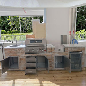 Ensemble de barbecue à gaz intégré moderne et luxueux pour l'extérieur, avec revêtement en pierre naturelle et matériaux en acier inoxydable, évier inclus - Product Image 1