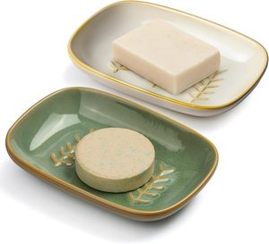 ZHIYAN Lot de 2 porte-savons en céramique pour une <span class=keywords><strong>douche</strong></span> plus propre, support décoratif pour <span class=keywords><strong>savon</strong></span> en barre carré, shampoing ou éponge, facile à nettoyer - Product Image 1