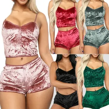 Wholesale Luxurious Woman Velvet Underwear Knit Sleepwear Two Piece Pajamas Set 2021 Lingerie Set