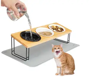 定制高架猫碗猫食水碗，带天然竹架，3个陶瓷盘子