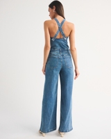 Combinaison en jean personnalisée ODM pour femme, col croisé, jambe large, longueur cheville, style vintage décontracté, combinaison en jean d'été