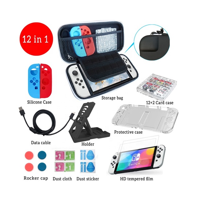 12 in 1 Game Accessories Set for Nintend Switch OLED Storage Bag Protective Cover Stand Holder Cable Protection Kit