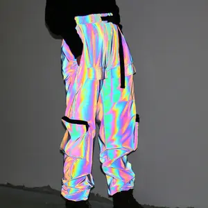 Eropa Amerika tren hip-hop pakaian jalan 6 kantong dicuci pria wanita warna-warni cahaya tinggi reflektif kasual celana kargo