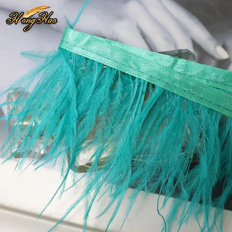 Plumes Green Long Ostrich Feather Fringe Trim Custom 8-15cm Tassel Decorative Soft Fringe Trim Dyed Pattern