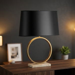 Modern Brass Table Lamp Beige Linen <b>Drum</b> <b>Shade</b> Gold Ring Base Marble Stand E27 LED 3500K Warm White AC 110V Switch Control - Product Image 5