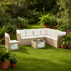 Conjunto de Sofá de Jardín de Ratán Beige y Crema, 6 Plazas, Muebles de Exterior Resistentes a la Intemperie, Diseño Contemporáneo - Product Image 2