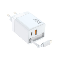 Chargeur mural 65W Chargeur rapide PD Bloc adaptateur avec USB a USB C Double ports Câble rétractable Type-C Chargeurs GAN 65W