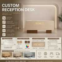 Bureau de réception en forme de L style crème avec éclairage LED intégré, comptoir avant personnalisable avec logo pour clinique, salon, institut de beauté, spa