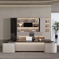 Ensemble de bureau de direction haut de gamme moderne blanc et noir en forme de L avec chaise et armoire latérale pour salle de réunion en bois