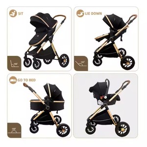 Poussette de voyage 3 en 1 pour nouveau-né avec cadre en aluminium doré, pliable, avec siège auto - Product Image 3