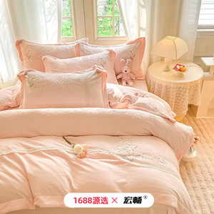 Luxury Milk Velvet Four-Piece <b>Bedding</b> Set Embossed Duvet Cover Sheets Flannel Winter Warm Skin-Friendly Breathable Solid Flower - Product Image 1