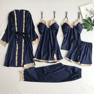 Nouvel Ensemble de Pyjama Cinq Pièces en Satin, Motif Fleur Dorée, Soutien-Gorge Rembourré Sexy, Bretelles en Soie, Commerce Extérieur pour Usage Domestique - Product Image 6
