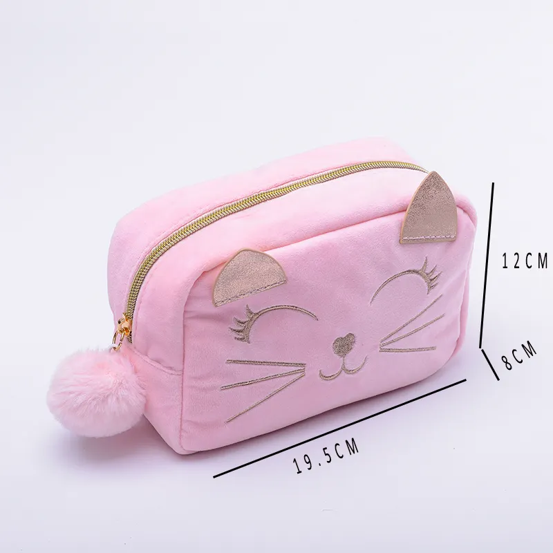 Mini bolsa de almacenamiento para cosméticos, cierre con logotipo personalizado bordado, bonita cara de gato de dibujos animados, de felpa suave rosa
