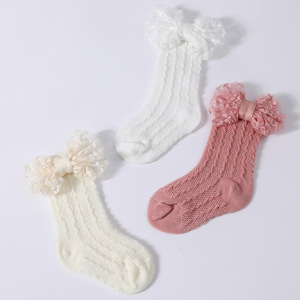 Chaussettes en tricot jacquard ajouré pour bébé, couleur unie, avec grand nœud long + bandeau, collection Printemps-Été, 0-3 ans - Product Image 3