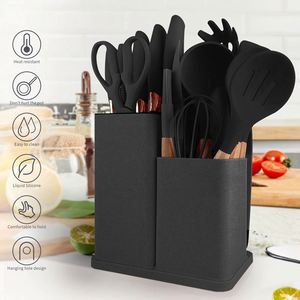 <b>Kitchen</b> <b>Gadget</b> <b>Kitchen</b> Utensils Set Food Grade Silicone With Wooden Handle and Cuttings Board Storage Bucket - Product Image 1