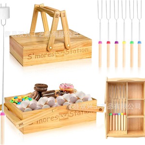 Wooden S'mores Station <b>Box</b> With Handles Multi Compartment <b>Storage</b> For <b>Camping</b> Marshmallow Candy Outdoor Use - Product Image 1