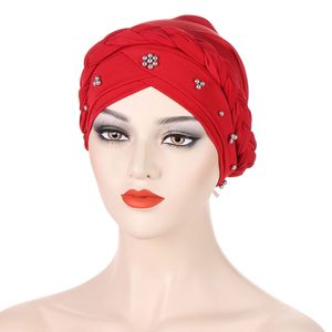 Turban africain uni pour femmes musulmanes, taille unique, en polyester tressé, <span class=keywords><strong>avec</strong></span> <span class=keywords><strong>perles</strong></span> dorées - Product Image 5