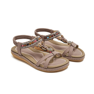 Beige T-Strap Flat <b>Sandals</b> With Beaded Decoration Open Toe Slip-On Women's Summer Shoes Microfiber Leather Rubber Outsole - Product Image 2