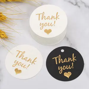 100pcs/bag popular hot custom wholesale black and white gold stamp round tag Thank you card for gift box wedding decoration