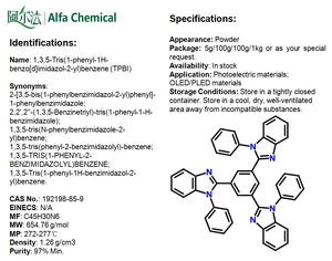Vật liệu opv tpbi (98%) CAS:192198-85-9 1,3, 5-tris (1-phenyl-1h-benzimidazol-2-yl) Benzen - Product Image 3