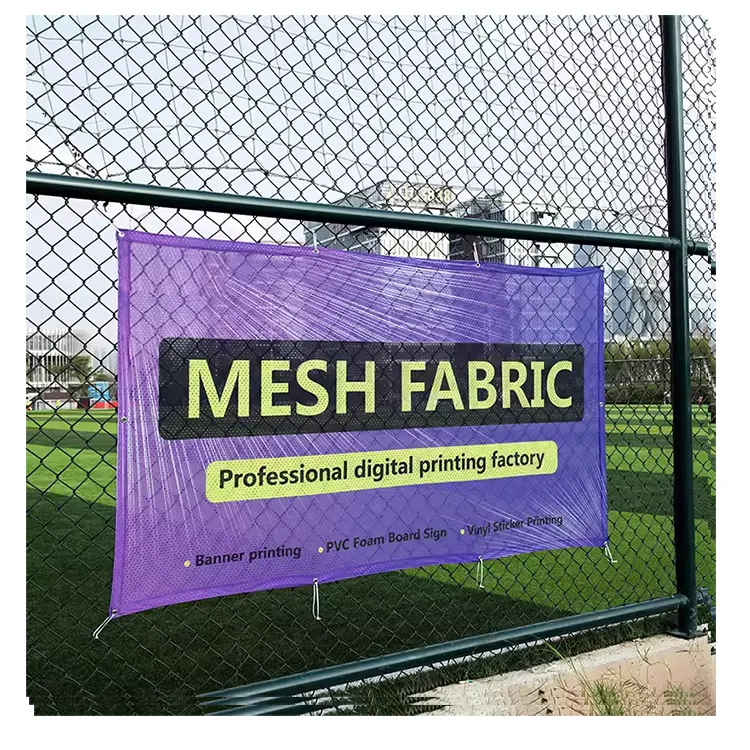 Aangepaste Outdoor Opknoping Reclame Polyester Banner Afdrukken Waterdichte Sublimatie Stof Hek Mesh Banner