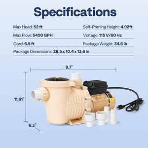 Bomba de Piscina de Velocidad Variable de 1.5HP y 115V, Autocebante, Eficiente Energéticamente, Entrada de 1.5" y 2" con Cesta Filtrante para Piscinas Elevadas/Enterradas - Product Image 6