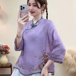 Traditional Chinese Embroidered Mid Sleeve Top Purple Women's Tea Dress Style - Product Image 1