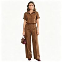 Ensemble 2 pièces pour femme : chemise courte boutonnée à manches courtes et pantalon taille haute à jambes larges – Tenue décontractée et élégante pour le bureau