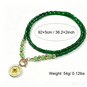Double Layer Green Bamboo <b>Chain</b> Water Drop Opal Pendant Gold Bead Women Casual Fashion Neck Ornament - Product Image 2