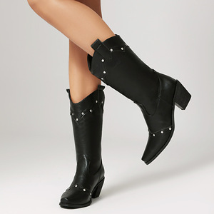 Red Western <b>Boots</b> Square Toe Slip-On Pu Upper Rubber Outsole Anti-Slippery All Seasons - Product Image 4