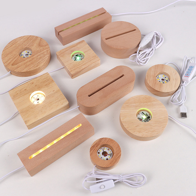 USB LED 3D Night Light with Wooden Base Round Oval Wood Stand for Acrylic Plug-In Power Supply