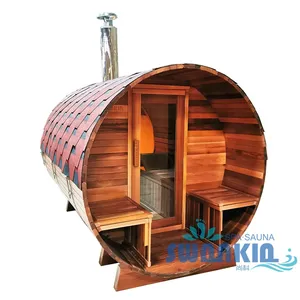 Swankia Popular Panoramic Full View Window Solid Red Cedar Wood Outdoor Barrel Sauna Room With Wood Fired Harvia Stove In Stock
