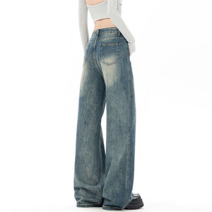 Jeans Vintage Lavati Impermeabili da Donna Taglie Forti con Cuciture Decorative Vita Alta Gamba Larga <span class=keywords><strong>Pantaloni</strong></span> Lunghi - Product Image 3