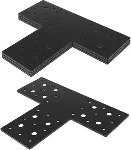 Placa de reparación plana en T para muebles y conectores de madera, abrazadera de esquina con agujeros múltiples, color negro