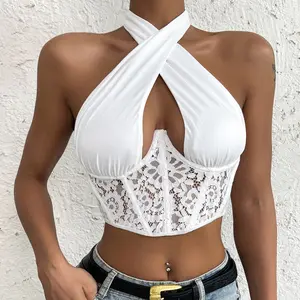 Diepe Liefde Ins Nieuwe 2023 Hete Verkoop Witte Doorschijnende Dames Tank Tops Modieuze Geborduurde Bloemen Cross Halter Sexy Corset Top