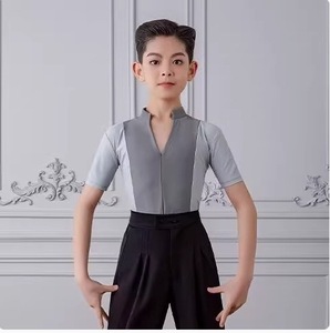 Tenue de danse latine pour garçons, vêtements professionnels de danse latine rayés pour enfants, haut à manches courtes, pantalon long à taille élastique - Product Image 5