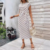 Gaun Maxi Bodycon Bergaris Chiffon Natural Elegan Musim Panas, Dapat Dicuci, Kerah O, Lengan Pendek, Kasual Wanita, Nuansa Mewah untuk Pesta